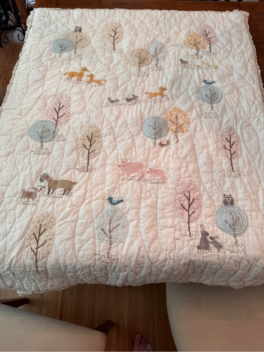 Quilted Forest Animals Cotton Baby Quilt and fitted sheet - Pink, Blue, Cream